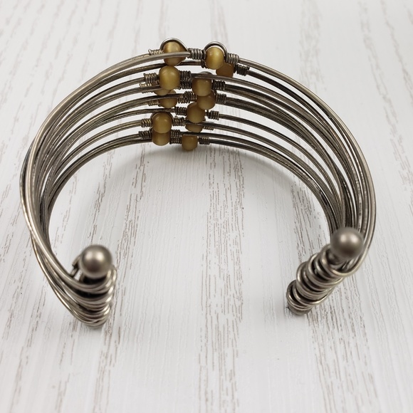 Silver Tone Cuff Bracelet Multi Wire Glass Beads - Picture 3 of 5